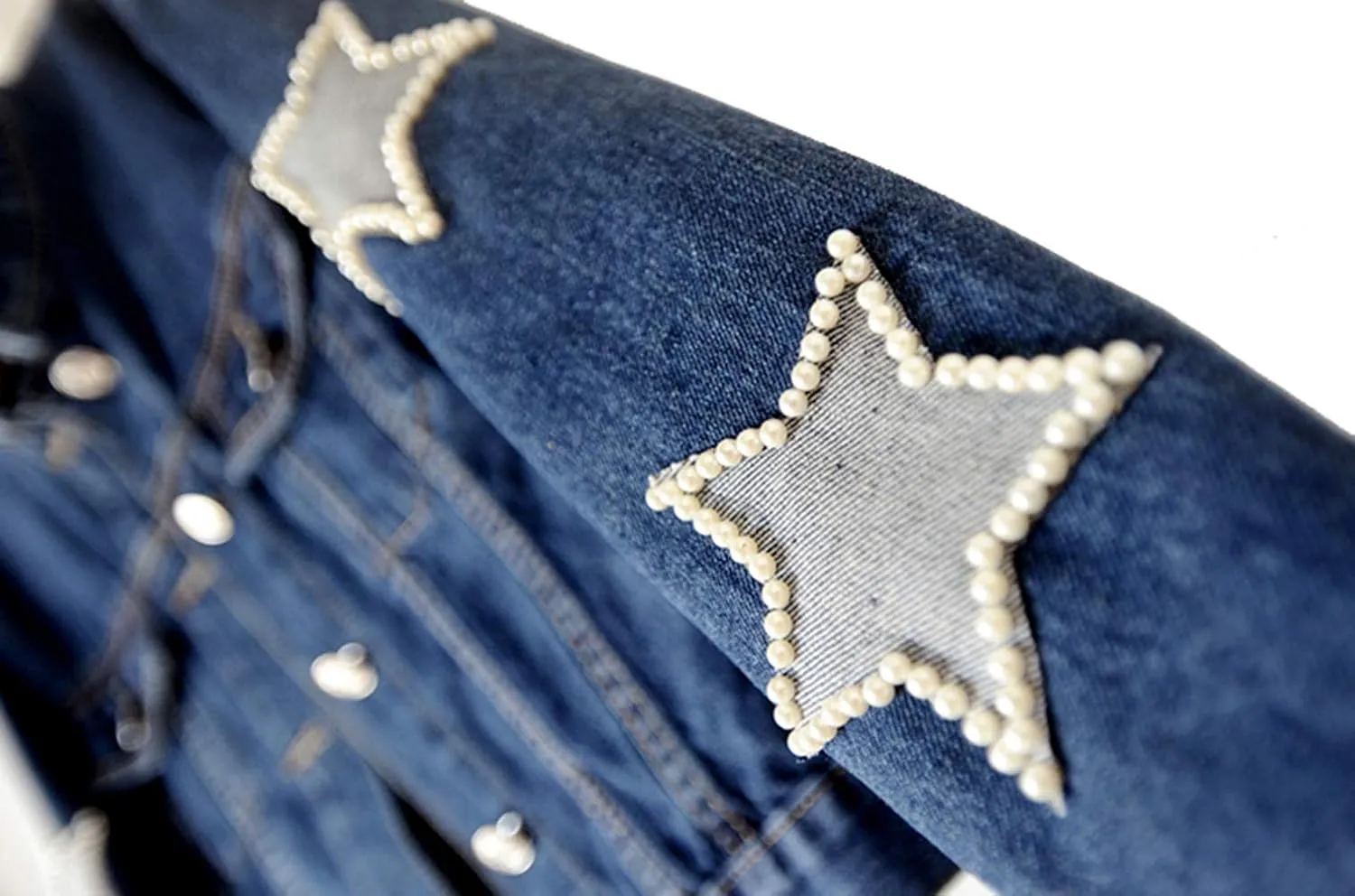 Kedera Women Pearls Beading Denim Jacket Long Sleeve Button Down Distressed Ripped Jean Coat
