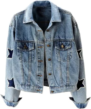 Kedera Women Pearls Beading Denim Jacket Long Sleeve Button Down Distressed Ripped Jean Coat