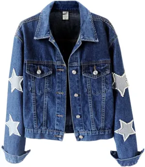 Kedera Women Pearls Beading Denim Jacket Long Sleeve Button Down Distressed Ripped Jean Coat