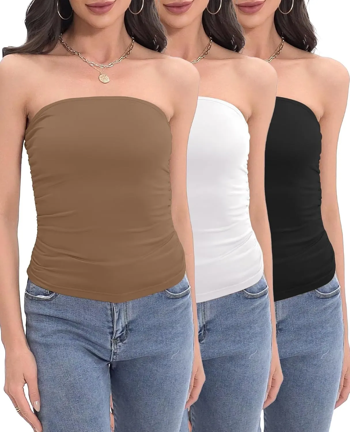 KKJ Womens Strapless Tube Tops Cute Going Out Crop Top Backless Ruched Bandeau Summer Outfits 2025 Trendy Y2k Shirts 3 Pack