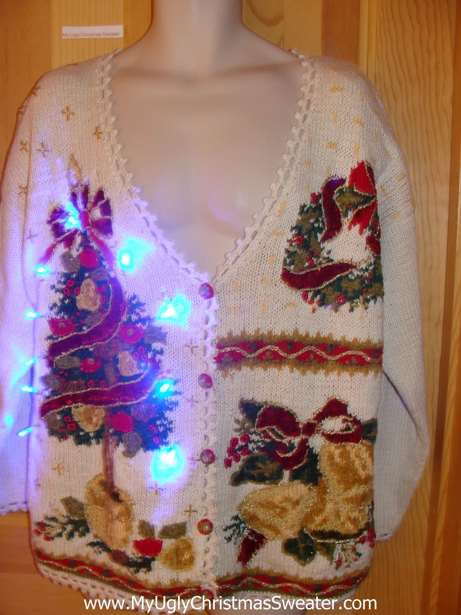 Light Up Ugly Xmas Sweater Cheesy Horrible Tree and Wreath