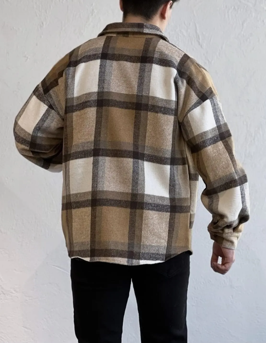 Men's Casual Warm Plaid Wool Blend Jacket Fleece Relaxed Fit Button Up Long Sleeve Shacket Shirt Coat