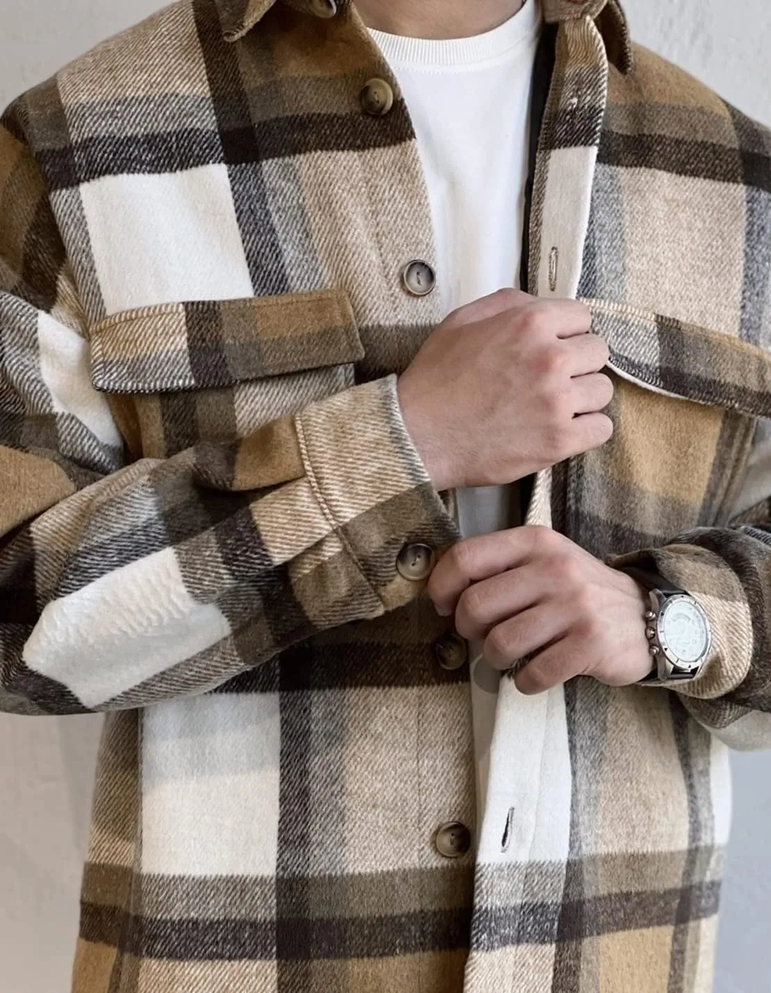 Men's Casual Warm Plaid Wool Blend Jacket Fleece Relaxed Fit Button Up Long Sleeve Shacket Shirt Coat