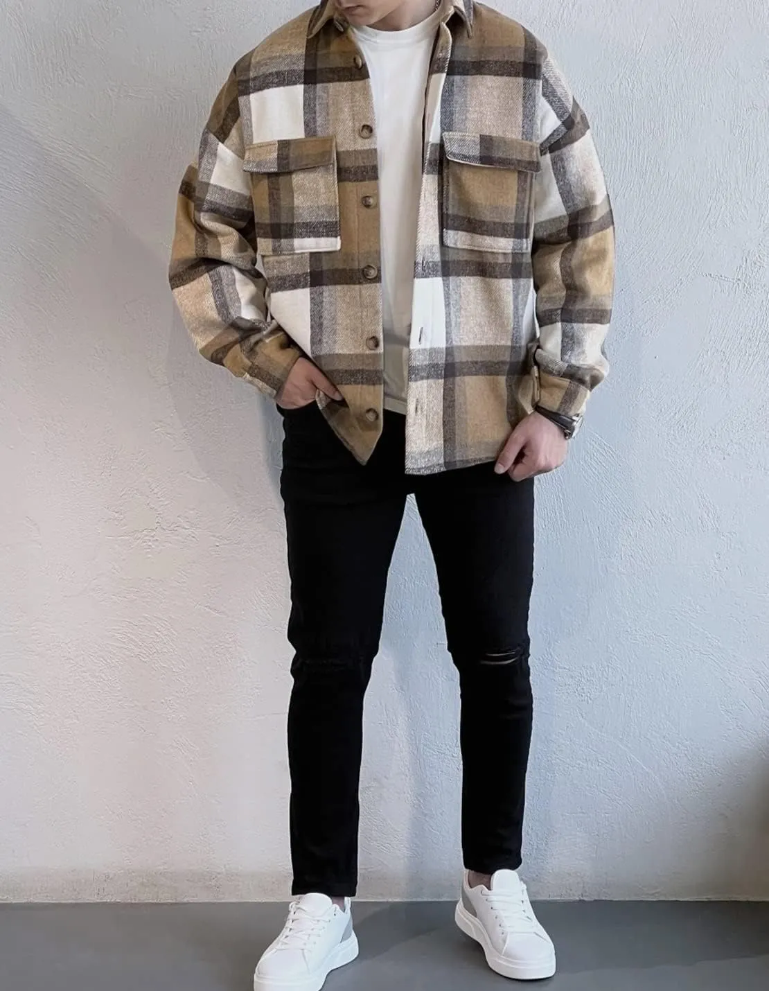 Men's Casual Warm Plaid Wool Blend Jacket Fleece Relaxed Fit Button Up Long Sleeve Shacket Shirt Coat