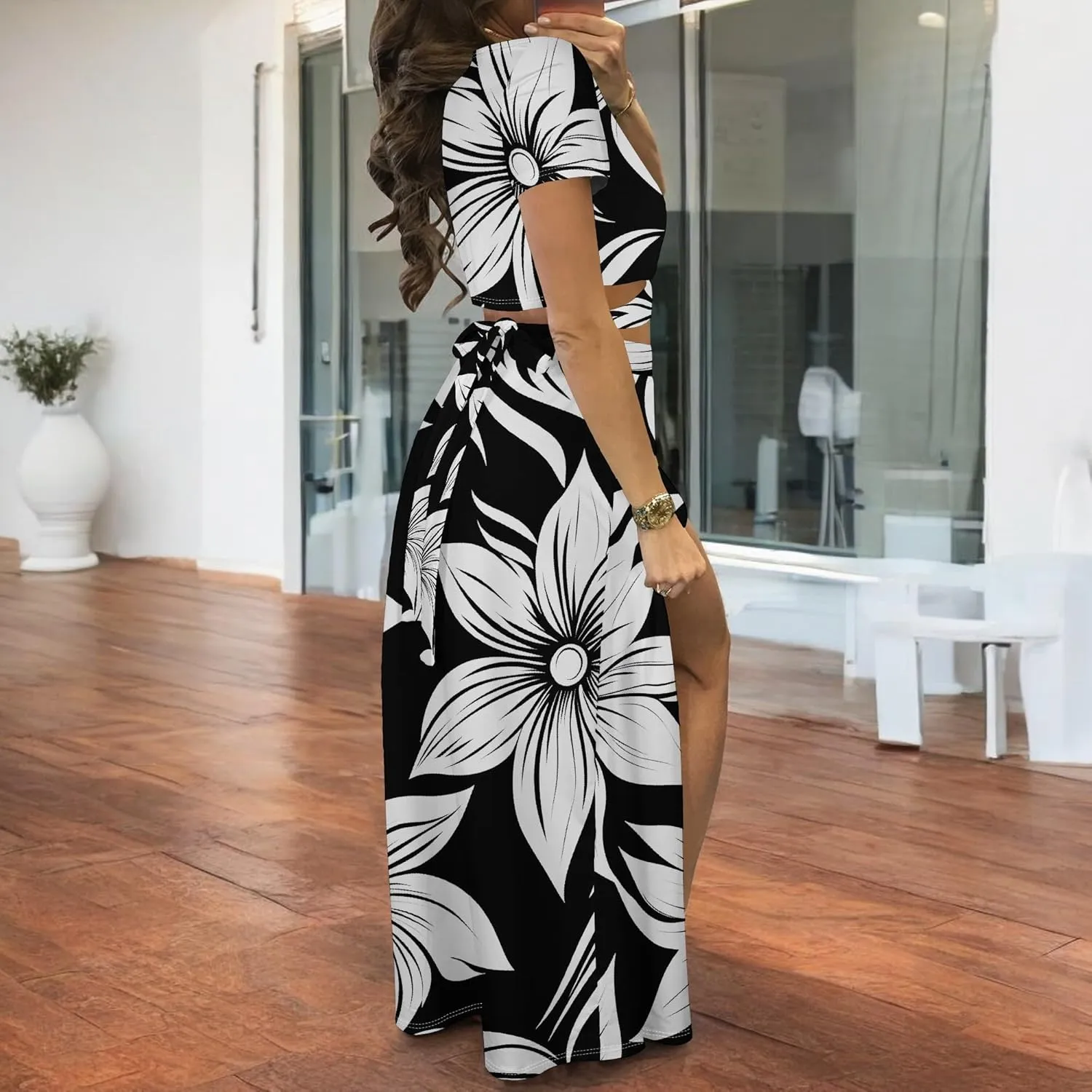 MESLIMA Women Casual 2 Piece Outfits Sexy V Neck Crop Top Boho Floral Print Beach High Split Maxi Dress Sets