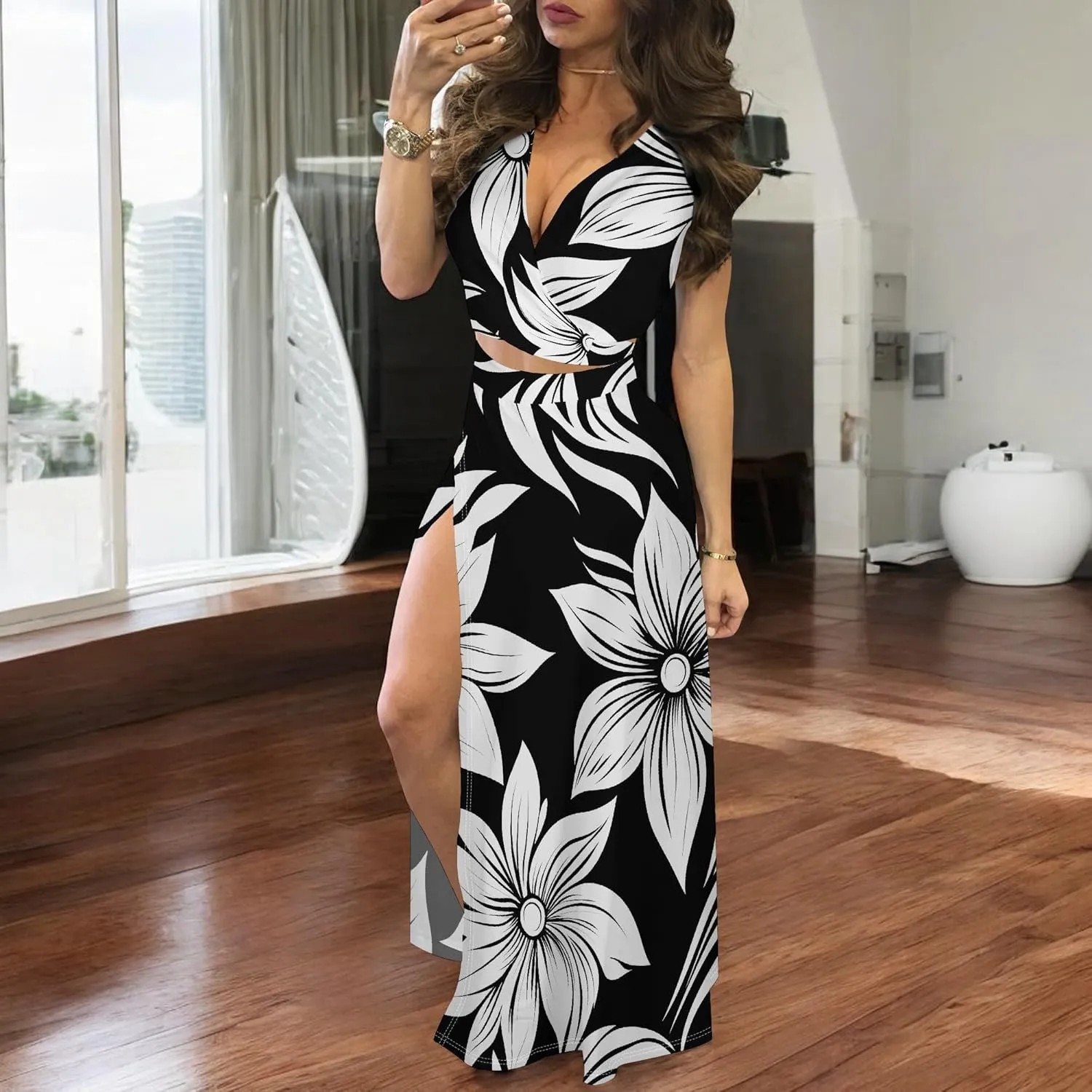 MESLIMA Women Casual 2 Piece Outfits Sexy V Neck Crop Top Boho Floral Print Beach High Split Maxi Dress Sets