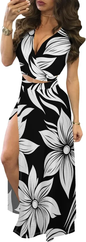MESLIMA Women Casual 2 Piece Outfits Sexy V Neck Crop Top Boho Floral Print Beach High Split Maxi Dress Sets