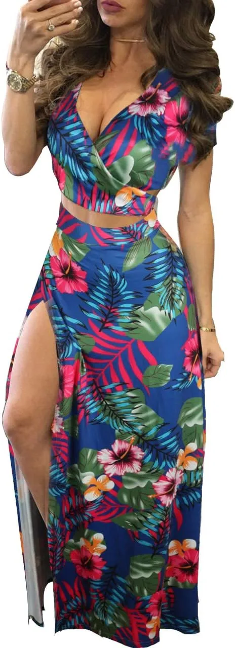 MESLIMA Women Casual 2 Piece Outfits Sexy V Neck Crop Top Boho Floral Print Beach High Split Maxi Dress Sets