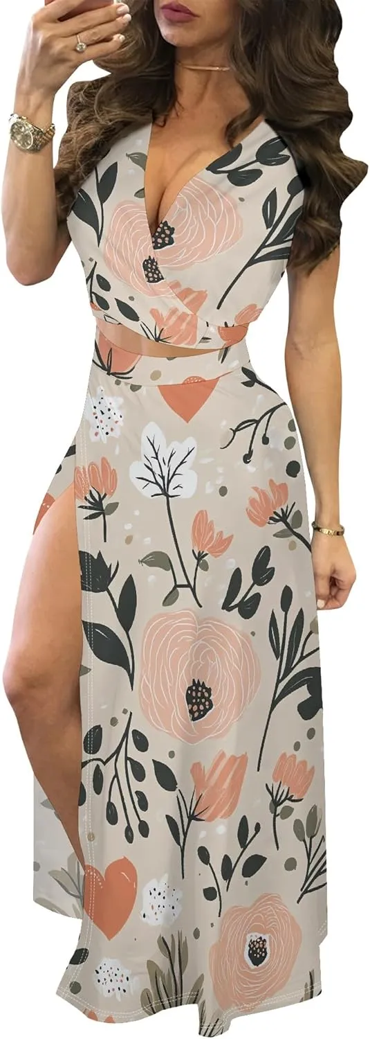 MESLIMA Women Casual 2 Piece Outfits Sexy V Neck Crop Top Boho Floral Print Beach High Split Maxi Dress Sets