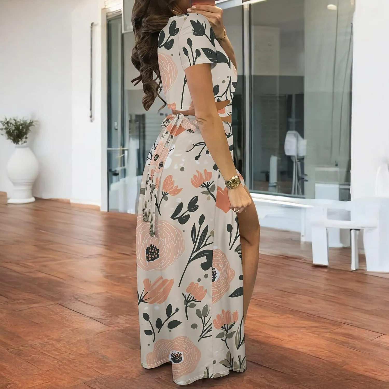 MESLIMA Women Casual 2 Piece Outfits Sexy V Neck Crop Top Boho Floral Print Beach High Split Maxi Dress Sets