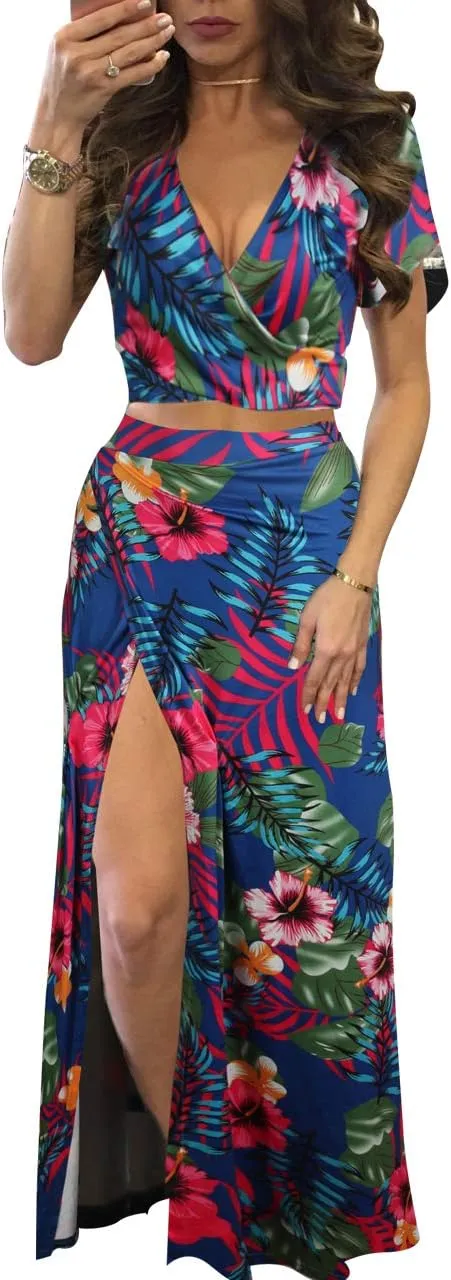 MESLIMA Women Casual 2 Piece Outfits Sexy V Neck Crop Top Boho Floral Print Beach High Split Maxi Dress Sets