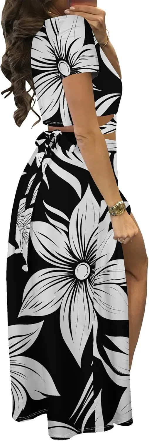 MESLIMA Women Casual 2 Piece Outfits Sexy V Neck Crop Top Boho Floral Print Beach High Split Maxi Dress Sets