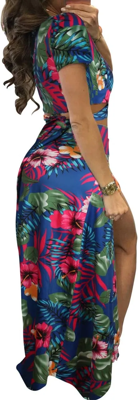 MESLIMA Women Casual 2 Piece Outfits Sexy V Neck Crop Top Boho Floral Print Beach High Split Maxi Dress Sets
