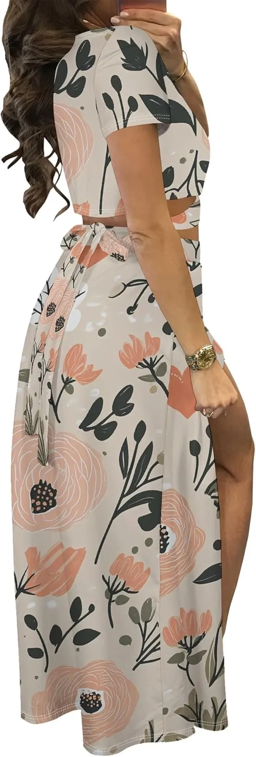 MESLIMA Women Casual 2 Piece Outfits Sexy V Neck Crop Top Boho Floral Print Beach High Split Maxi Dress Sets