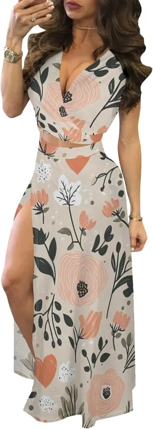 MESLIMA Women Casual 2 Piece Outfits Sexy V Neck Crop Top Boho Floral Print Beach High Split Maxi Dress Sets