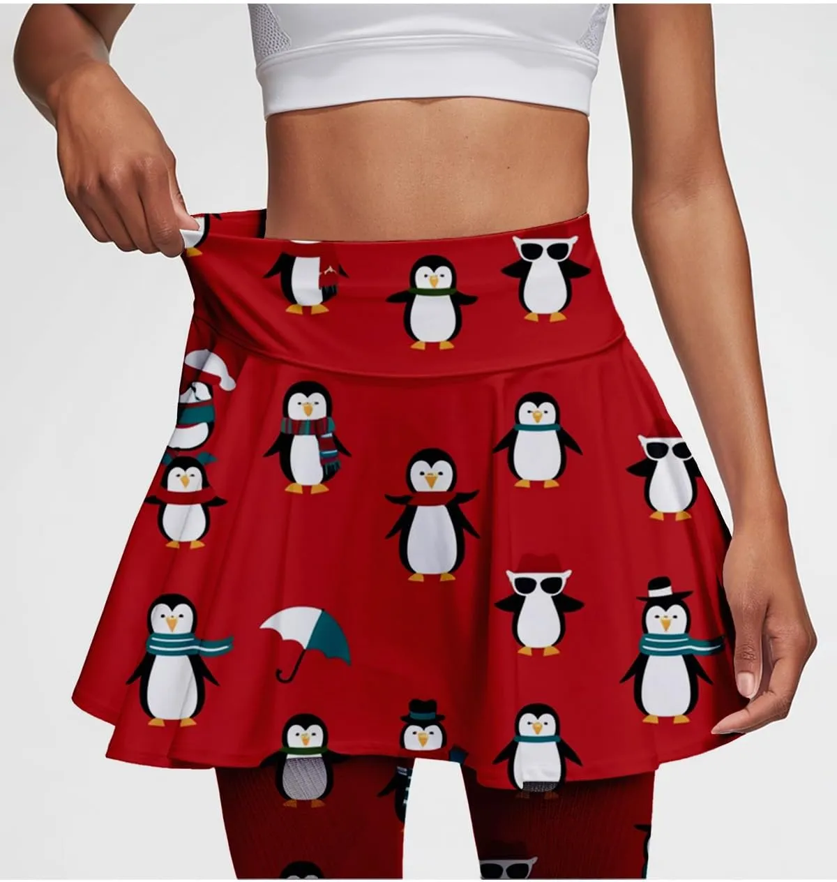 Minimalist Reindeer & Pine Tree Pajama Skirted Leggings for Women Athletic Tennis Skirt, Yoga Pleated Skirt Leggings