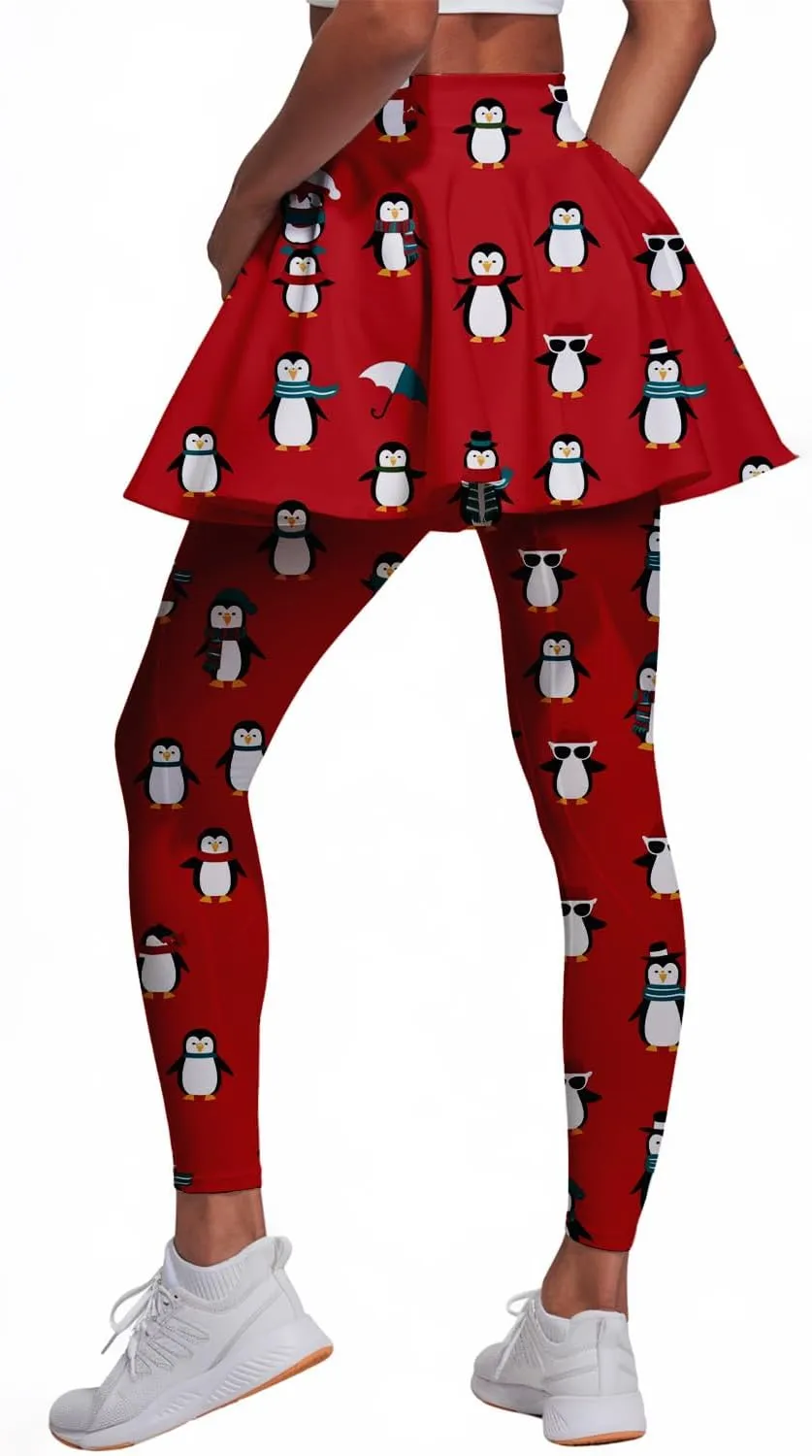 Minimalist Reindeer & Pine Tree Pajama Skirted Leggings for Women Athletic Tennis Skirt, Yoga Pleated Skirt Leggings