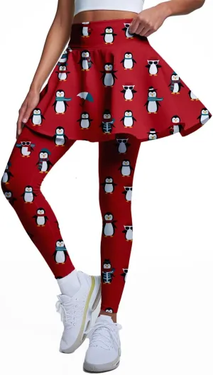 Minimalist Reindeer & Pine Tree Pajama Skirted Leggings for Women Athletic Tennis Skirt, Yoga Pleated Skirt Leggings