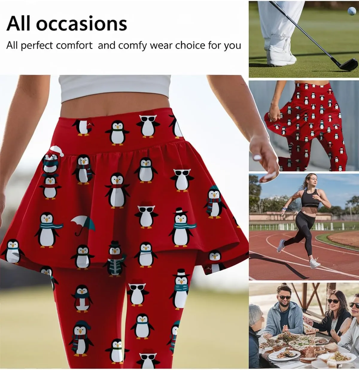 Minimalist Reindeer & Pine Tree Pajama Skirted Leggings for Women Athletic Tennis Skirt, Yoga Pleated Skirt Leggings