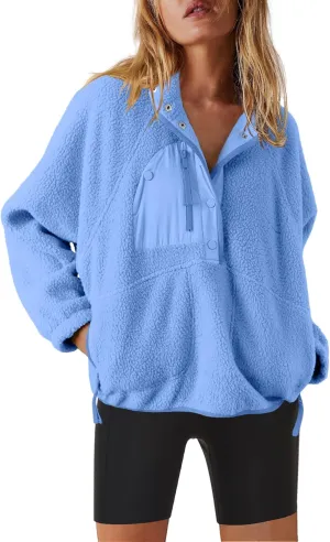 Nirovien Womens Fleece Pullover Long Sleeve Sherpa Jacket Button Down Fuzzy Sweatshirt Warm Outwear with Pockets