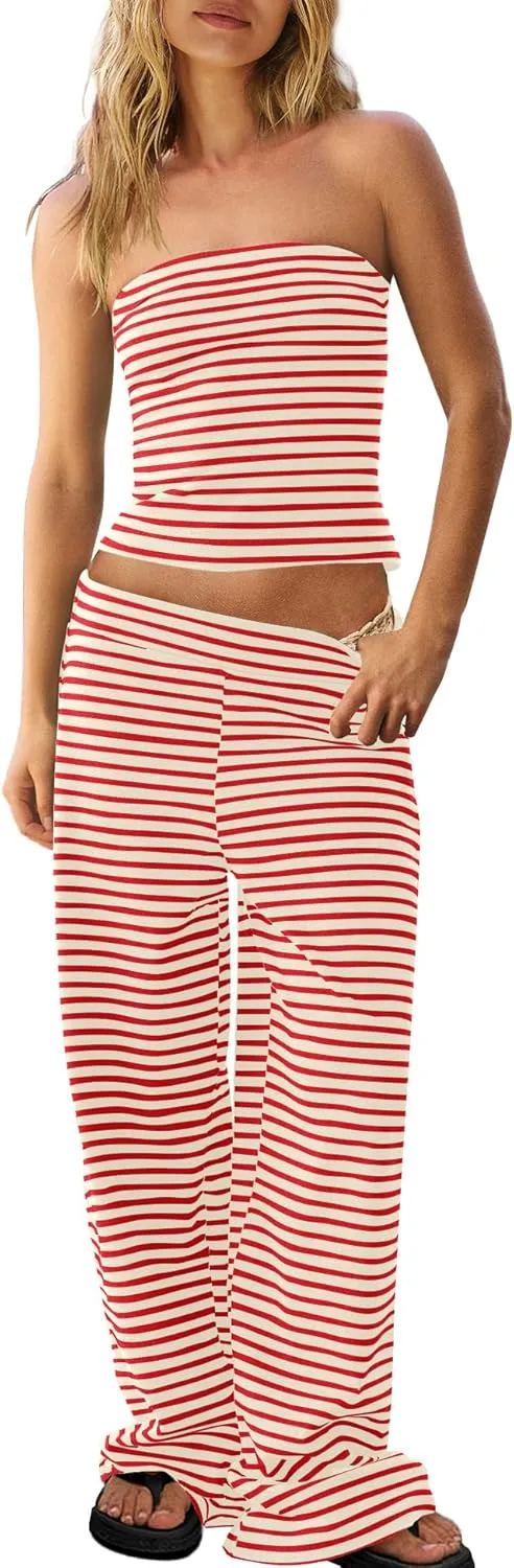 Panadila Womens Striped Two Piece Sets Summer Lounge Outfits Sailor Tube Top and Pants Matching Set Beach Vacation Travel Y2k