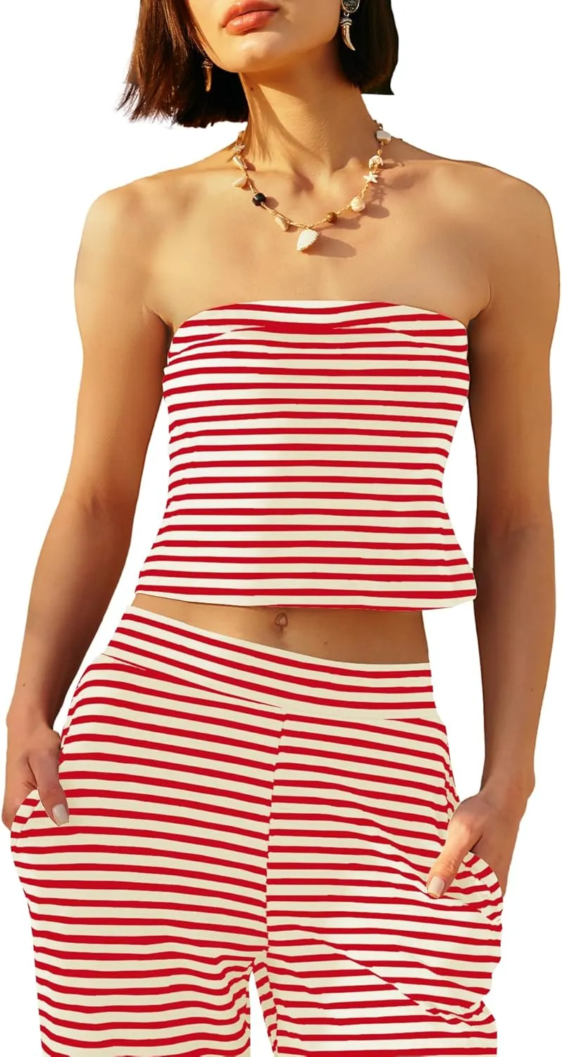 Panadila Womens Striped Two Piece Sets Summer Lounge Outfits Sailor Tube Top and Pants Matching Set Beach Vacation Travel Y2k