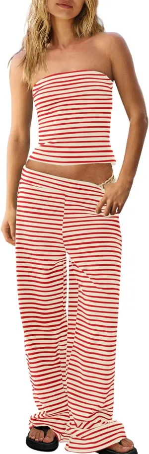 Panadila Womens Striped Two Piece Sets Summer Lounge Outfits Sailor Tube Top and Pants Matching Set Beach Vacation Travel Y2k
