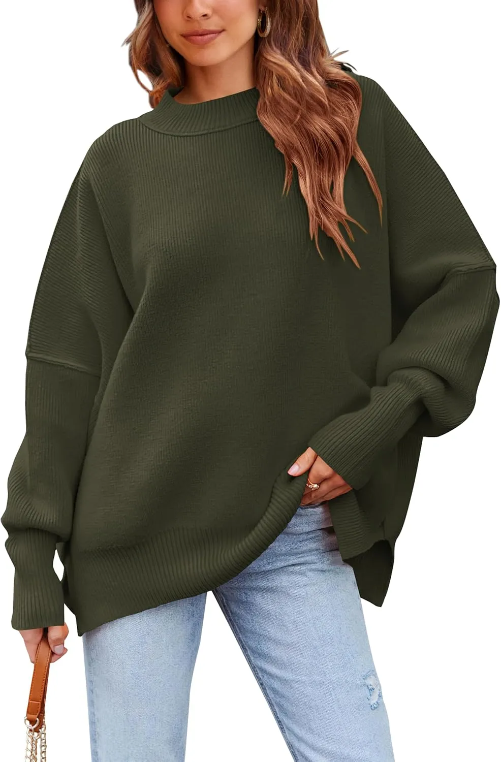 PRETTYGARDEN Women's Oversized Sweater 2025 Casual Spring Outfits Crewneck Long Sleeve Loose Slit Rib Knit Pullover Tops
