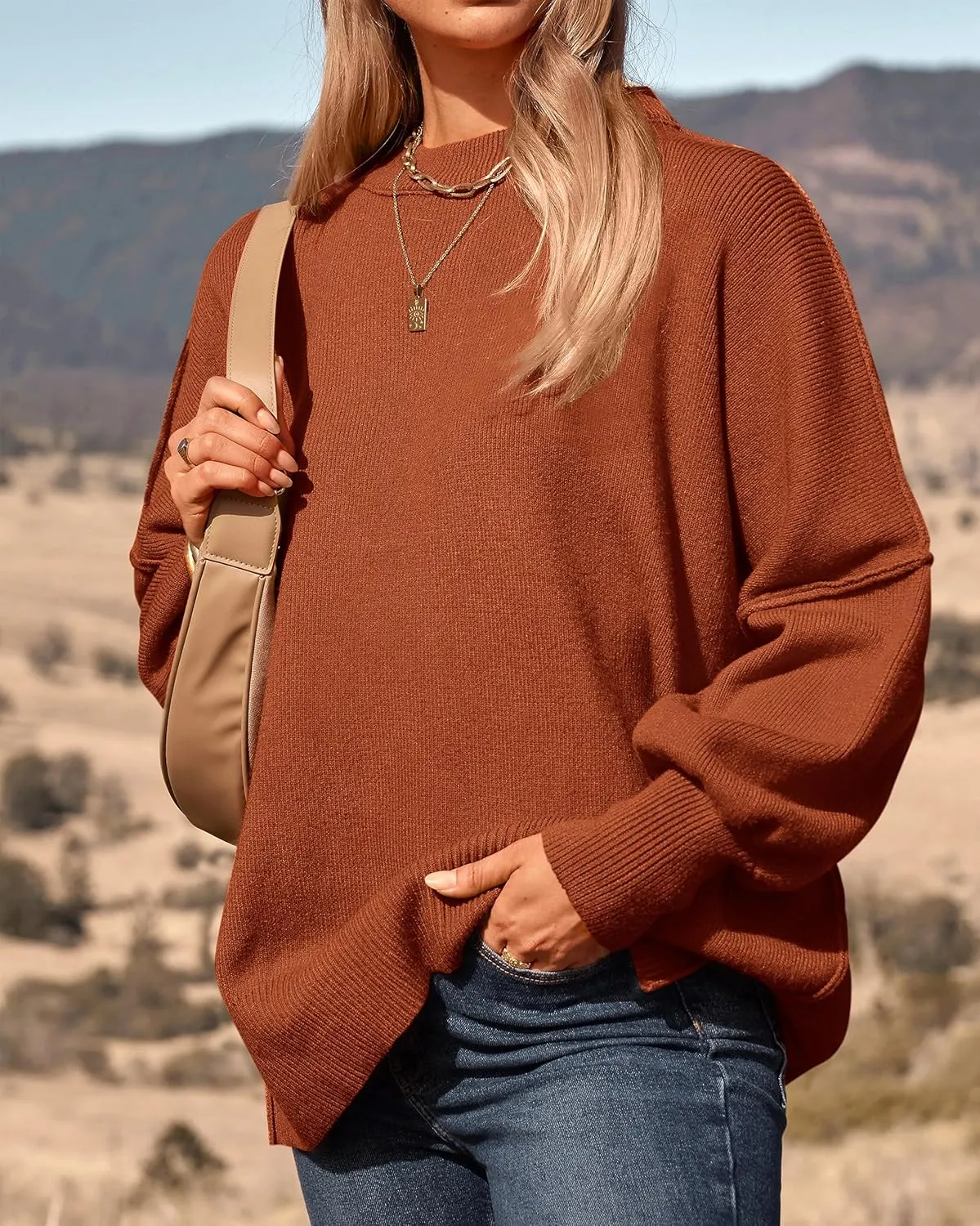 PRETTYGARDEN Women's Oversized Sweater 2025 Casual Spring Outfits Crewneck Long Sleeve Loose Slit Rib Knit Pullover Tops