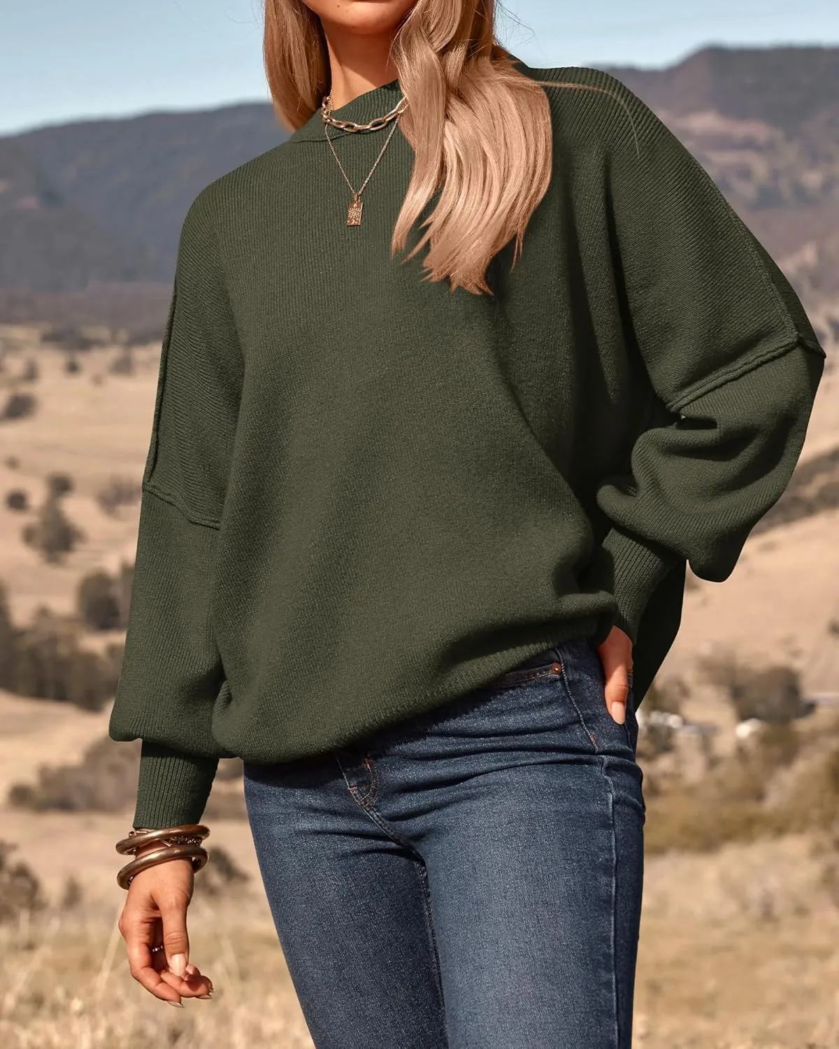 PRETTYGARDEN Women's Oversized Sweater 2025 Casual Spring Outfits Crewneck Long Sleeve Loose Slit Rib Knit Pullover Tops