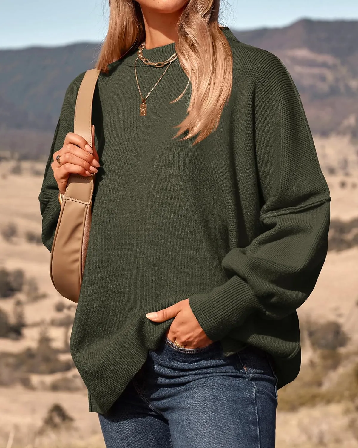 PRETTYGARDEN Women's Oversized Sweater 2025 Casual Spring Outfits Crewneck Long Sleeve Loose Slit Rib Knit Pullover Tops