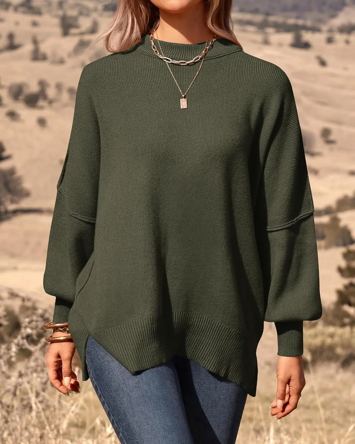 PRETTYGARDEN Women's Oversized Sweater 2025 Casual Spring Outfits Crewneck Long Sleeve Loose Slit Rib Knit Pullover Tops