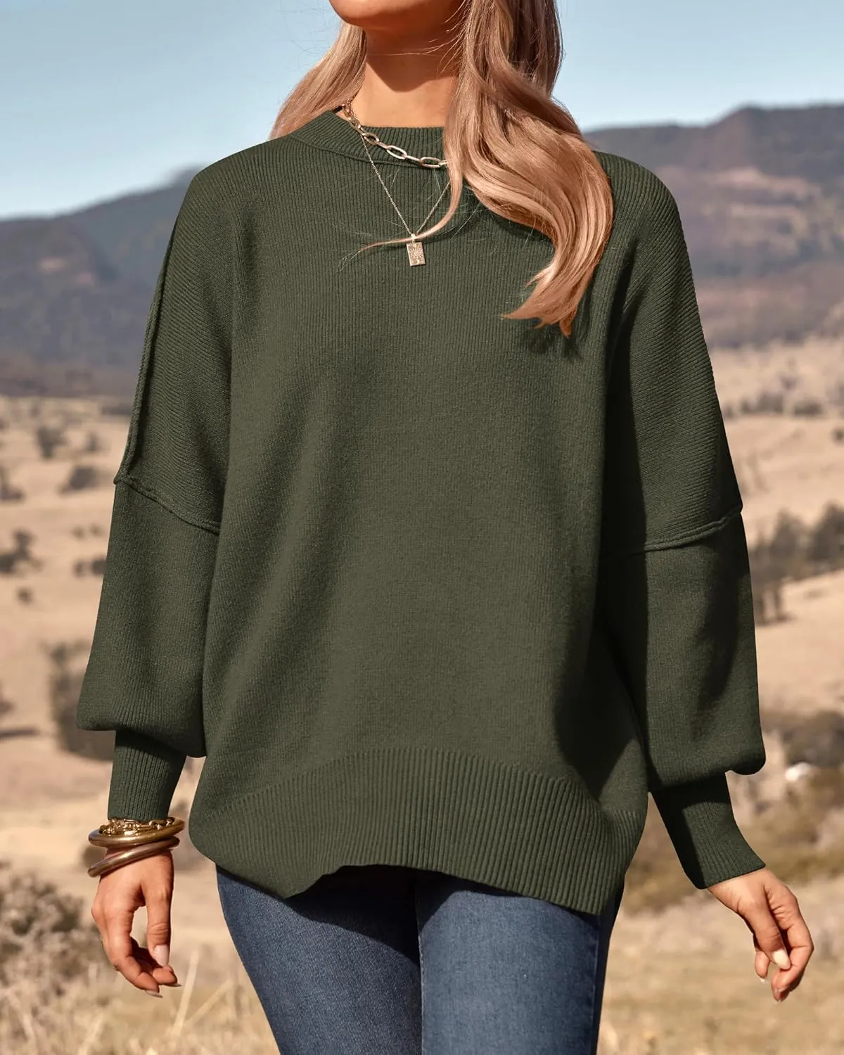 PRETTYGARDEN Women's Oversized Sweater 2025 Casual Spring Outfits Crewneck Long Sleeve Loose Slit Rib Knit Pullover Tops