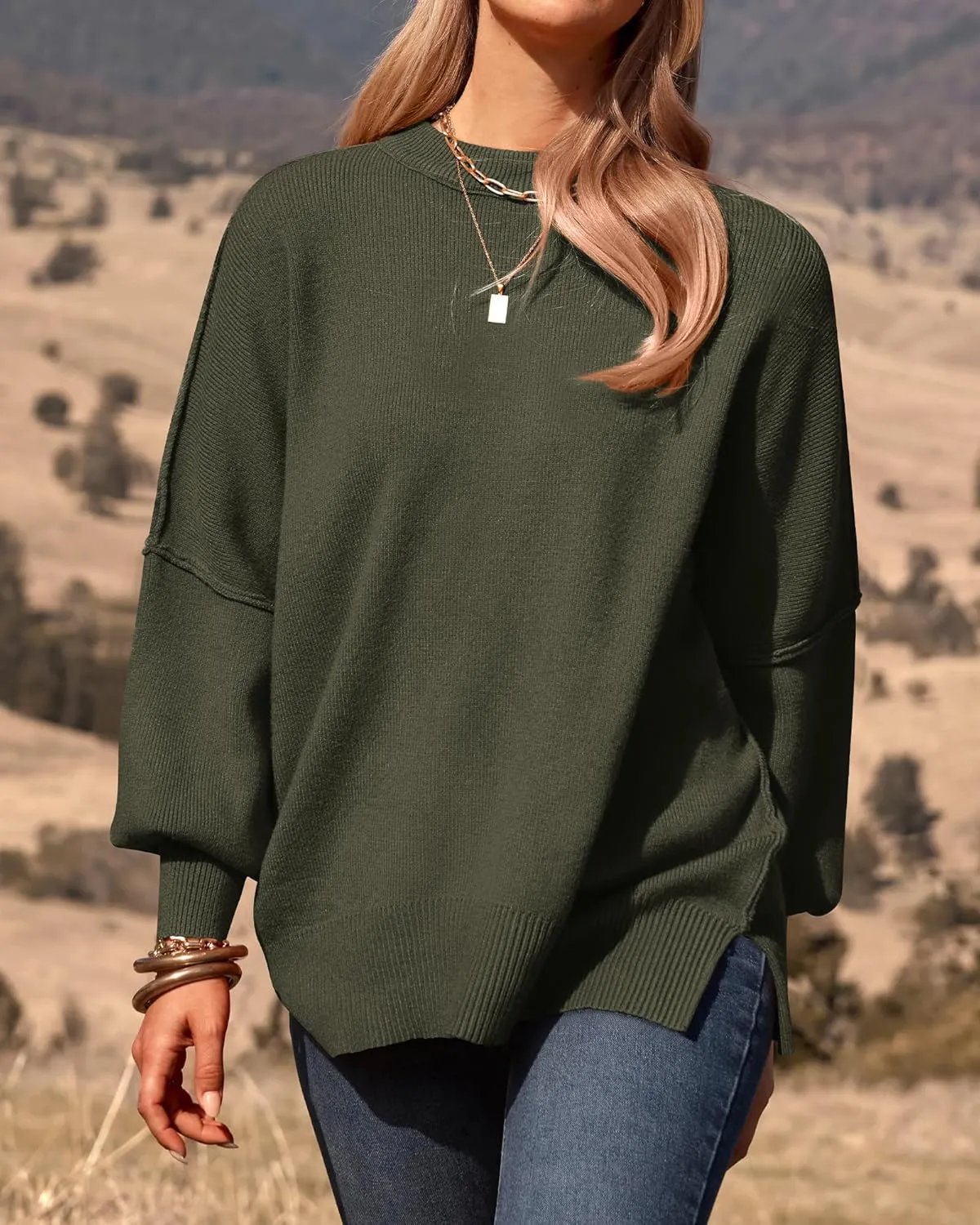 PRETTYGARDEN Women's Oversized Sweater 2025 Casual Spring Outfits Crewneck Long Sleeve Loose Slit Rib Knit Pullover Tops