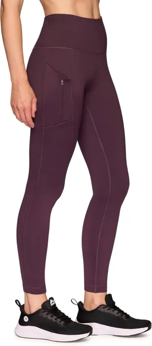 RBX Women's Fleece Lined Leggings with Pockets, Cold Weather Full Length Running Tights Yoga Pants with Zipper Pocket