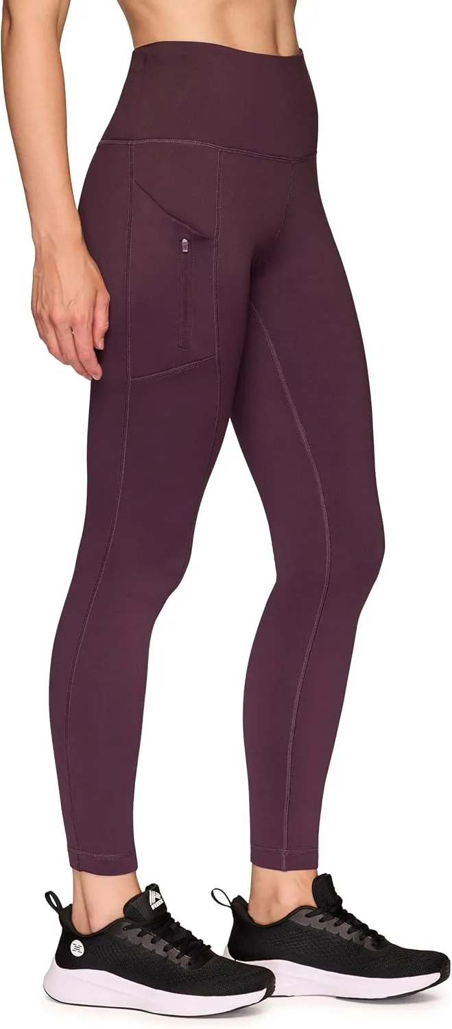 RBX Women's Fleece Lined Leggings with Pockets, Cold Weather Full Length Running Tights Yoga Pants with Zipper Pocket