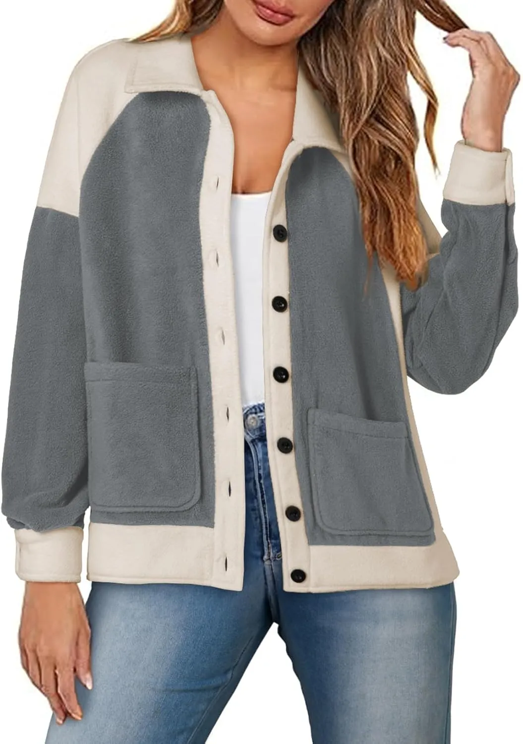 SHEWIN Womens Winter Fuzzy Fleece Jacket Casual Long Sleeve Button Down Sherpa Shacket Coats