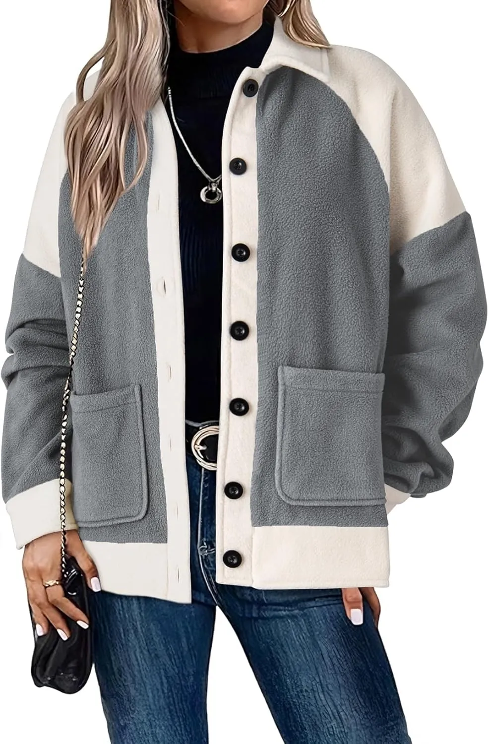 SHEWIN Womens Winter Fuzzy Fleece Jacket Casual Long Sleeve Button Down Sherpa Shacket Coats