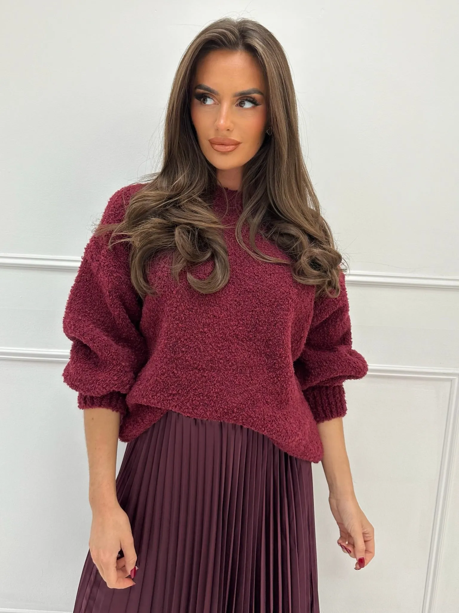 Stacey burgundy pleated skirt & jumper set