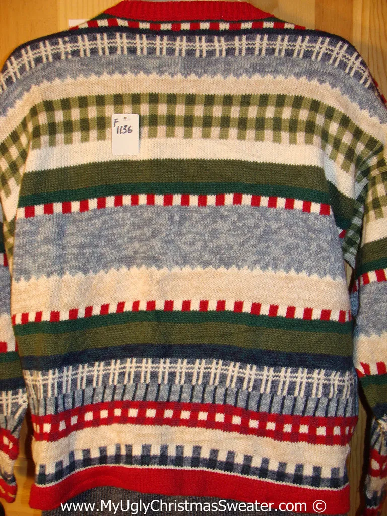 Tacky Busy Horrid Cheesy Holiday Sweater with Festive Decorations on Front and Stripes and Checkerboard on Back and Sleeves  (f1136)