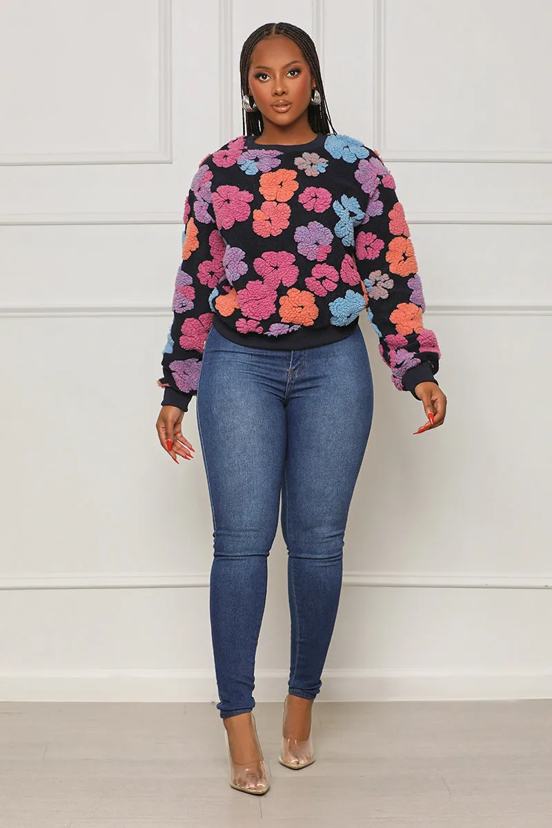 Take You There Floral Fleece Sweatshirt (Blue Multi)- FINAL SALE