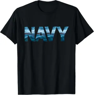 Vintage Navy Ocean Waves Design T-Shirt
