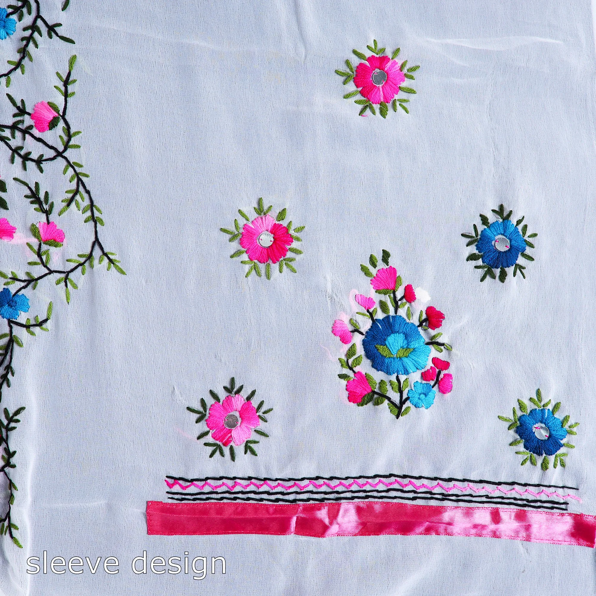 White - 3pc Hand Embroidery Georgette Phulkari Dress Material 62