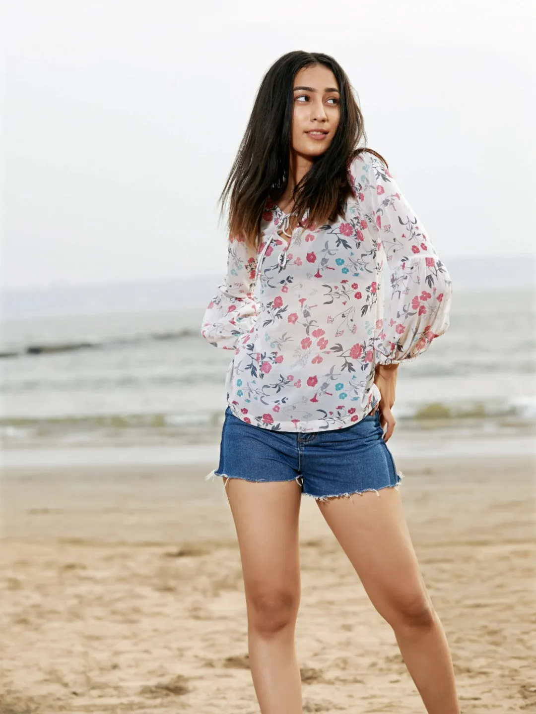 White and Pink Floral Print Georgette Straight Top