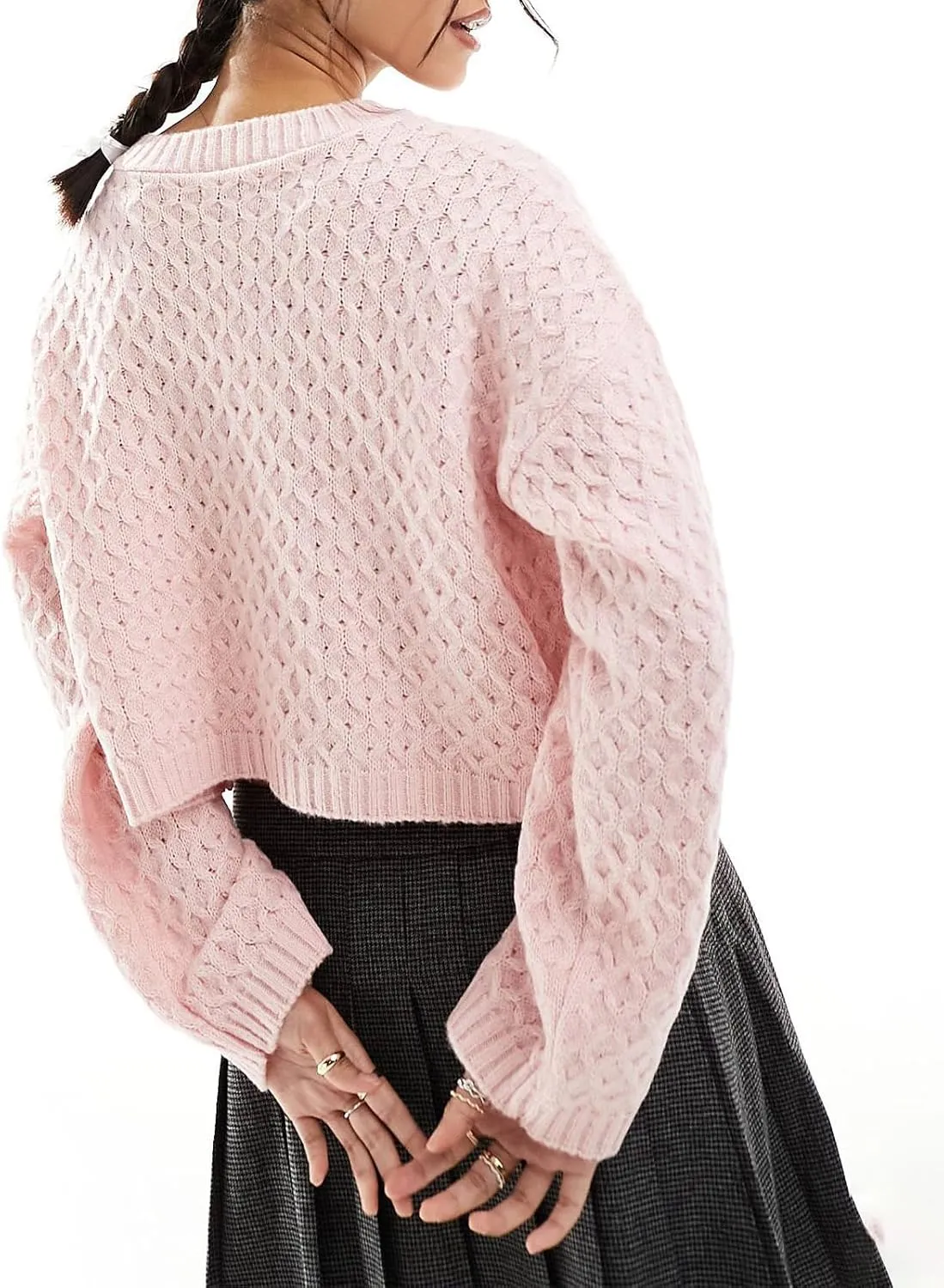 Women Cable Knit Sweater Cardigan Bow Tie Front Long Sleeve Cropped Crew Neck Fall Winter Casual Chunky Sweaters Tops