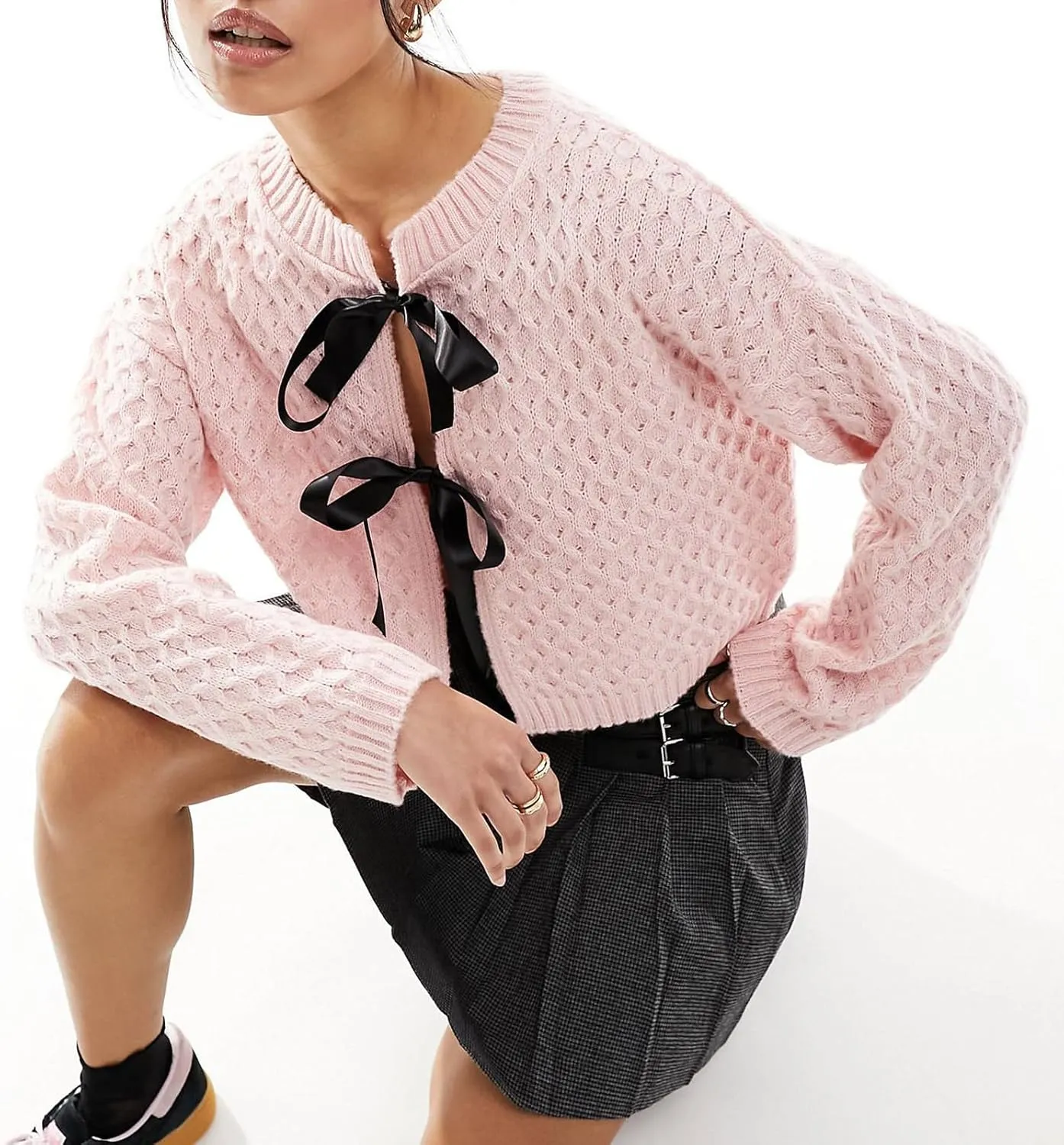 Women Cable Knit Sweater Cardigan Bow Tie Front Long Sleeve Cropped Crew Neck Fall Winter Casual Chunky Sweaters Tops