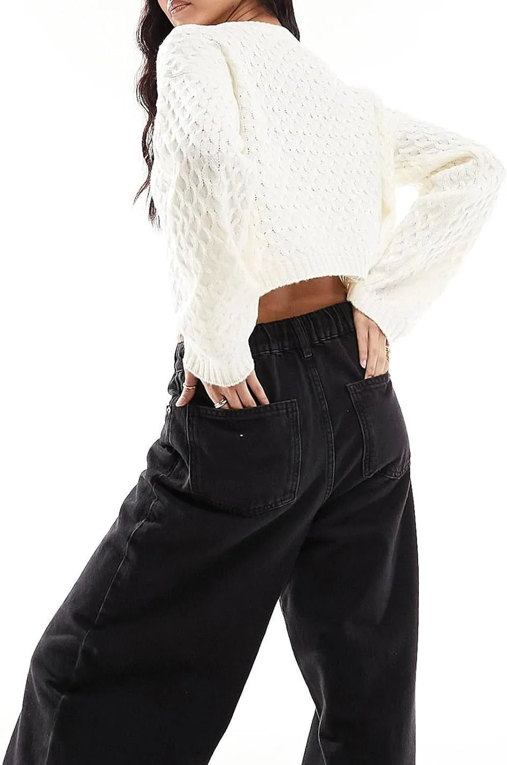 Women Cable Knit Sweater Cardigan Bow Tie Front Long Sleeve Cropped Crew Neck Fall Winter Casual Chunky Sweaters Tops