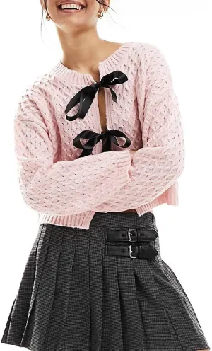 Women Cable Knit Sweater Cardigan Bow Tie Front Long Sleeve Cropped Crew Neck Fall Winter Casual Chunky Sweaters Tops
