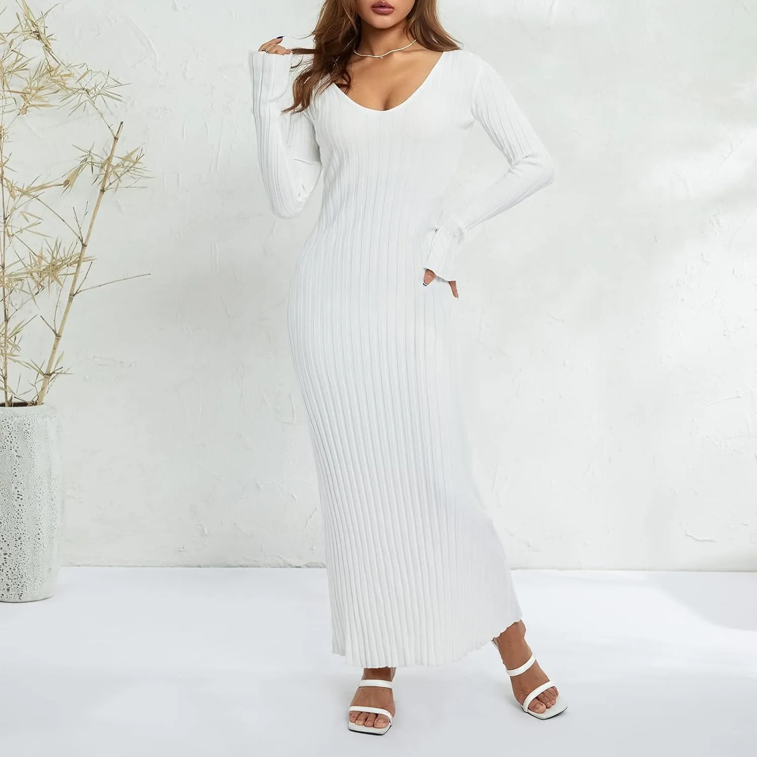 Women Ribbed Knit Maxi Dress Long Sleeve V Neck Slim Fit Bodycon Pencil Maxi Dress Party Clubwear Dresses