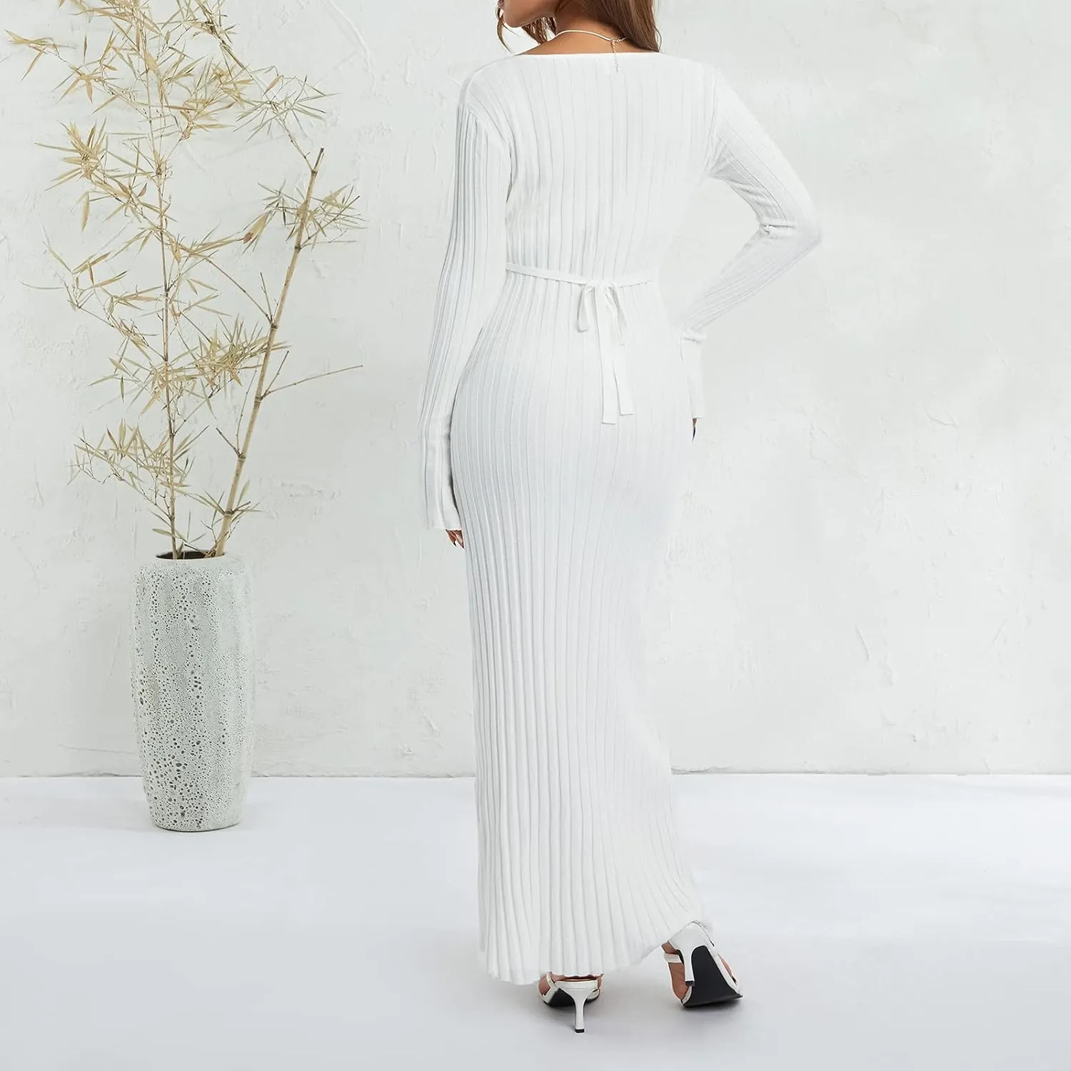 Women Ribbed Knit Maxi Dress Long Sleeve V Neck Slim Fit Bodycon Pencil Maxi Dress Party Clubwear Dresses